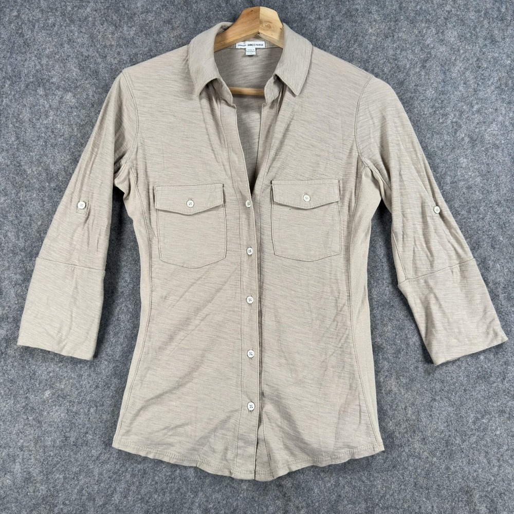 James Perse Shirt Womens 1 Beige Button Front 3/4 Roll Sleeve Slim Fit Collared